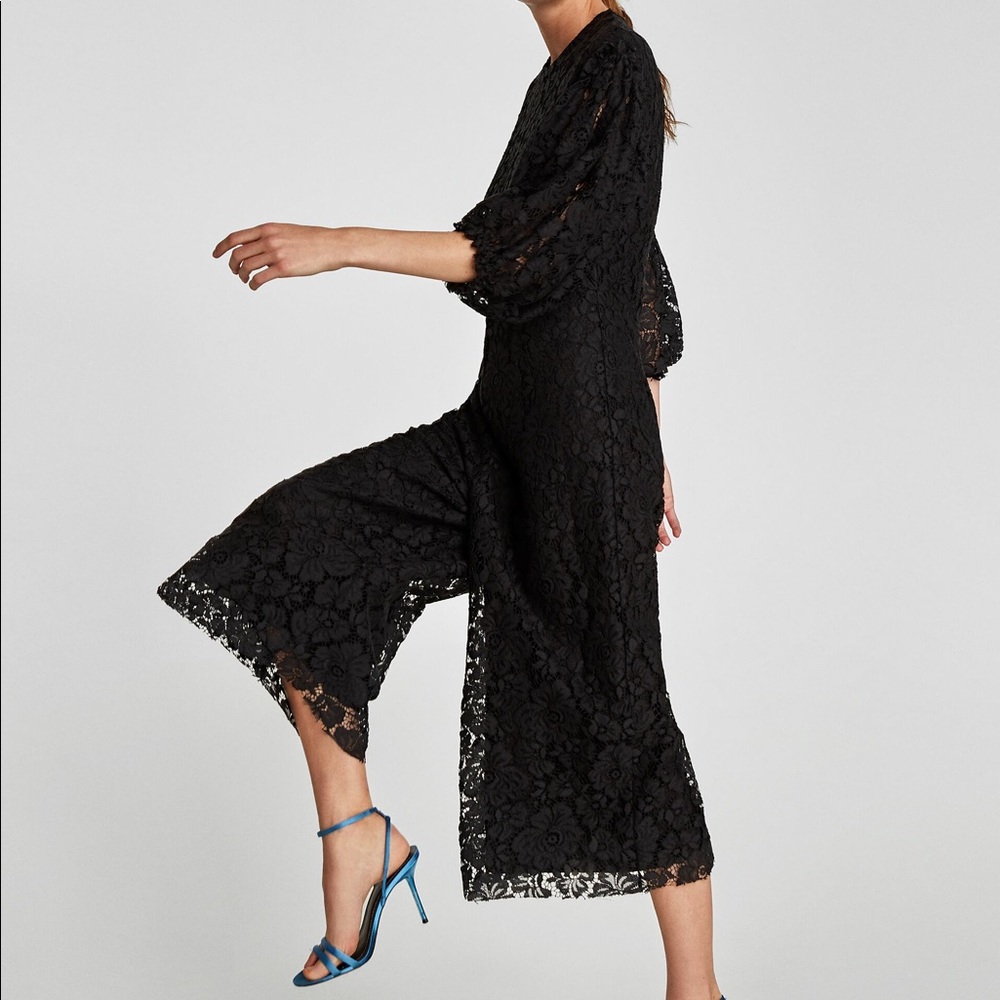 ZARA Cropped Wide Leg Lace Jumpsuit 3/4 Puff Sleeves Black Color Size S NWT.